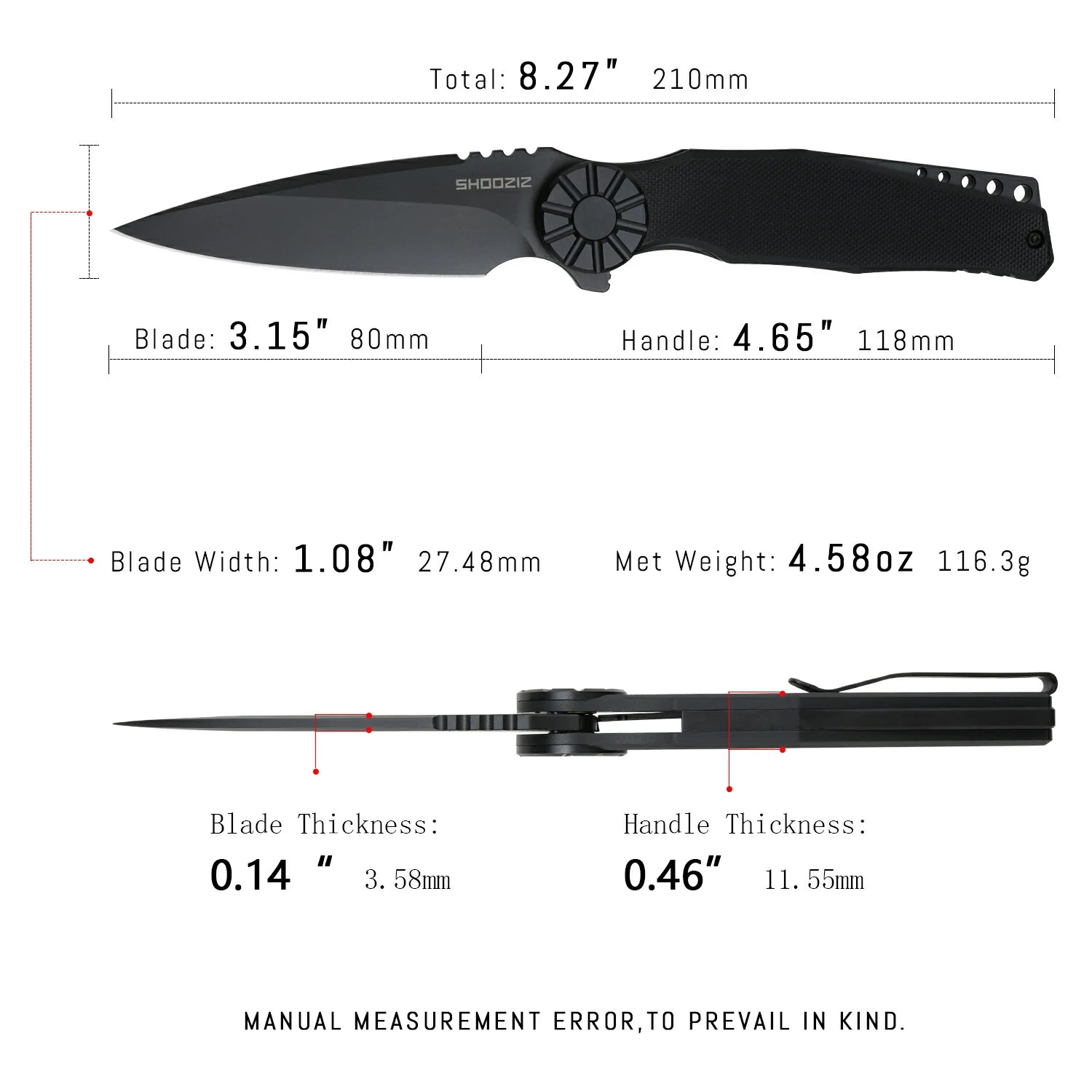 SHOOZIZ KILA-BGB tactical pocket knife, black PVD DC53 blade, black G10 with black bolster, 8.27 inch overall, discreet EDC