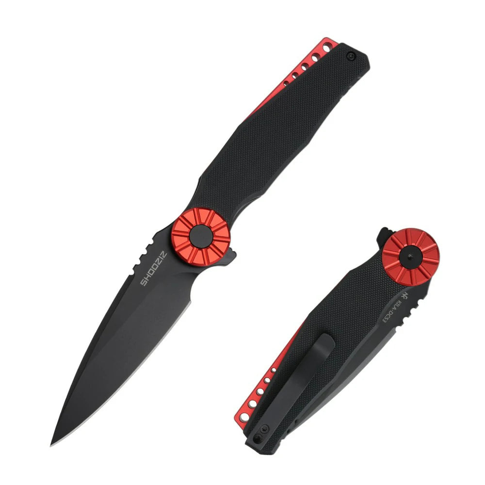 SHOOZIZ KILA-BGRB EDC folding knife, NFK design, DC53 steel blade with black PVD finish, black G10 handle, red aluminum bolster, liner lock, 3.15 inch blade