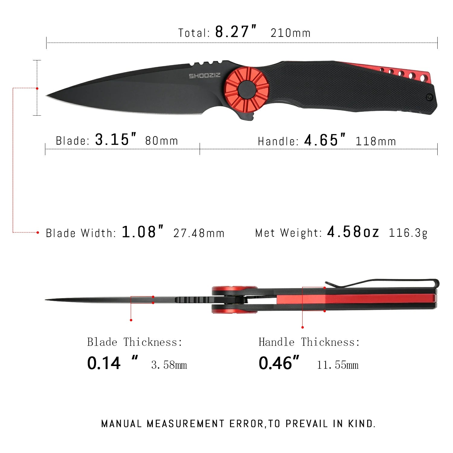 SHOOZIZ KILA-BGRB tactical pocket knife, black PVD DC53 blade, black G10 with red bolster, 8.27 inch overall, bold accent