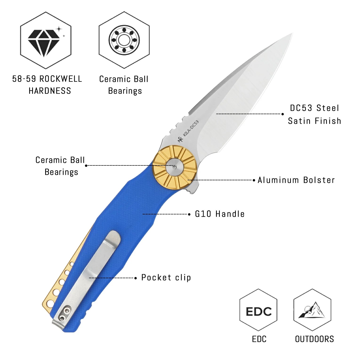 SHOOZIZ KILA-LGS blue G10 handle folding knife, satin DC53 blade, gold aluminum bolster, liner lock, EDC