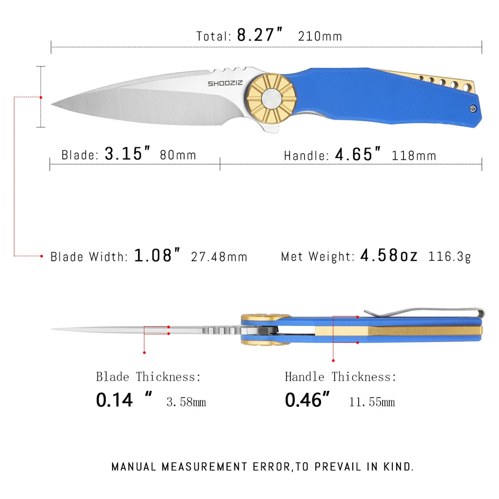 SHOOZIZ KILA-LGS compact EDC folder, DC53 steel, satin, blue G10, pocket clip, 3.15 inch blade
