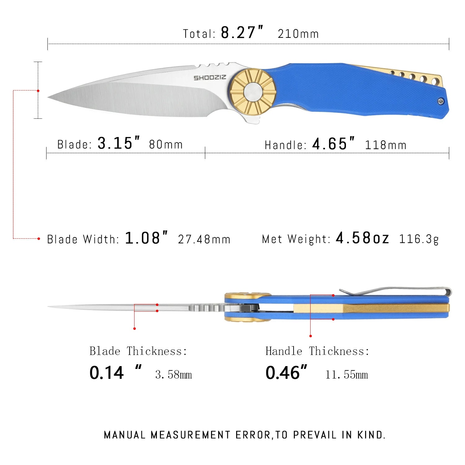 SHOOZIZ KILA-LGS compact EDC folder, DC53 steel, satin, blue G10, pocket clip, 3.15 inch blade