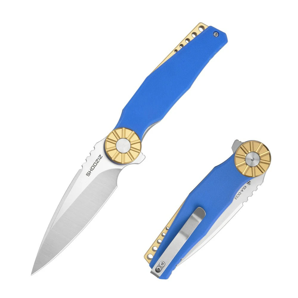 SHOOZIZ KILA-LGS EDC folding knife, NFK design, DC53 steel blade with satin finish, blue G10 handle, gold aluminum bolster, liner lock, 3.15 inch blade