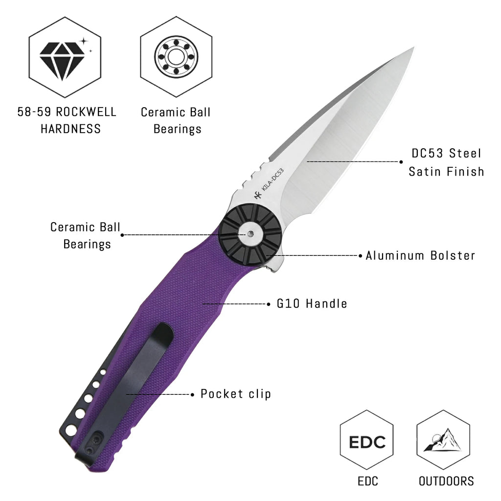 SHOOZIZ KILA-PGBS liner lock folder, DC53 steel satin, purple G10, ceramic bearing, 4.65 inch closed