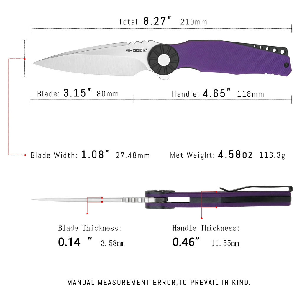 SHOOZIZ KILA-PGBS pocket knife, satin DC53 blade, purple G10 with black bolster, 8.27 inch overall, everyday carry