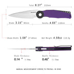 SHOOZIZ KILA-PGBS pocket knife, satin DC53 blade, purple G10 with black bolster, 8.27 inch overall, everyday carry