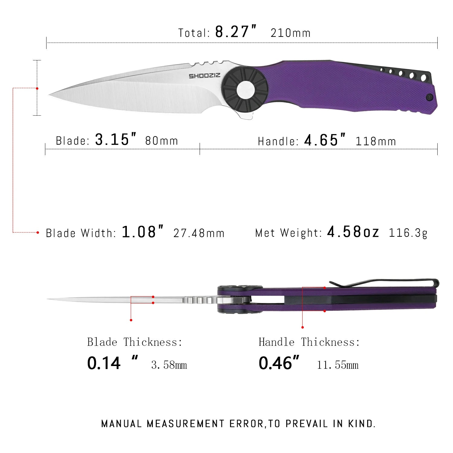 SHOOZIZ KILA-PGBS pocket knife, satin DC53 blade, purple G10 with black bolster, 8.27 inch overall, everyday carry