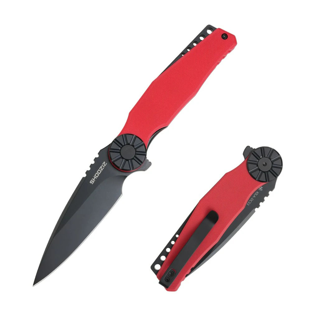 SHOOZIZ KILA-RGB EDC folding knife, NFK design, DC53 steel blade with black PVD finish, red G10 handle, black aluminum bolster, liner lock, 3.15 inch blade, 4.58 oz