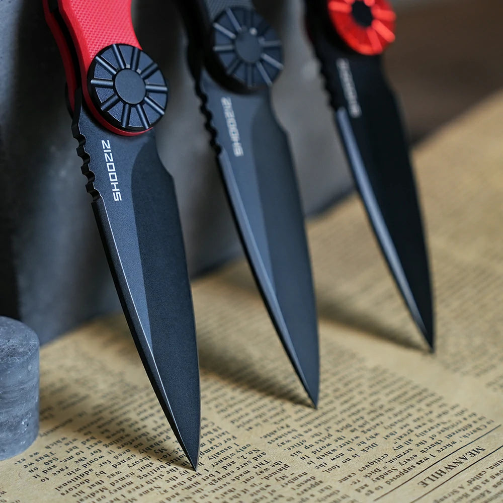 SHOOZIZ KILA-RGB everyday carry knife, red G10 handle, black PVD DC53 blade, pocket clip, 58-59 HRC hardness