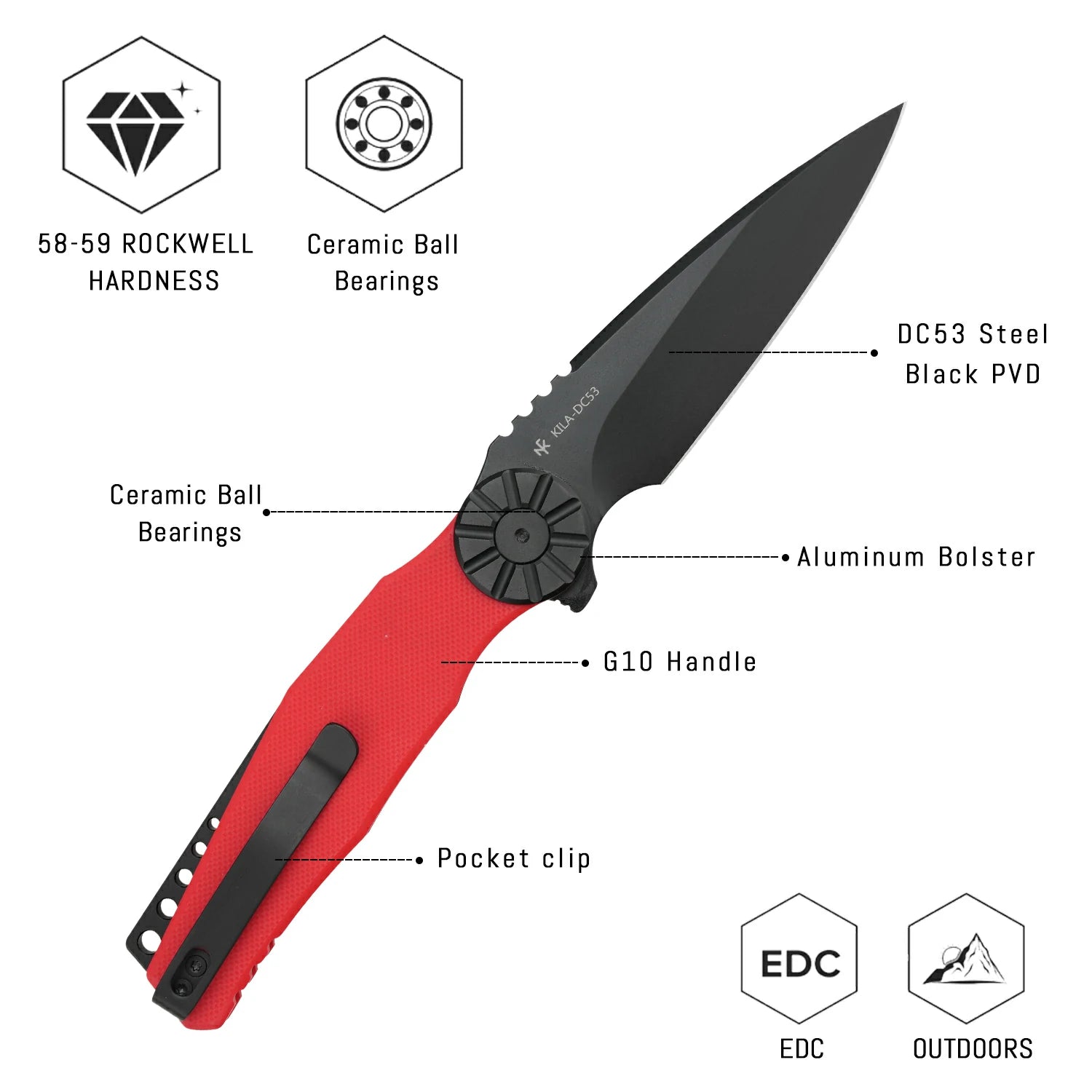 SHOOZIZ KILA-RGB liner lock folder, DC53 steel black PVD, red G10, ceramic bearing, 4.65 inch closed length