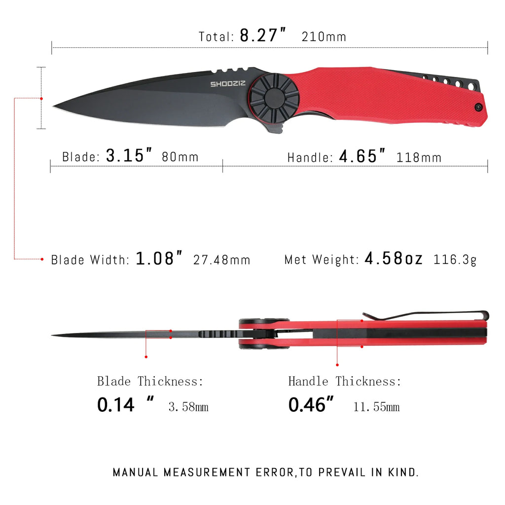 SHOOZIZ KILA-RGB tactical pocket knife, black PVD DC53 blade, red G10 with black bolster, 8.27 inch overall, everyday carry