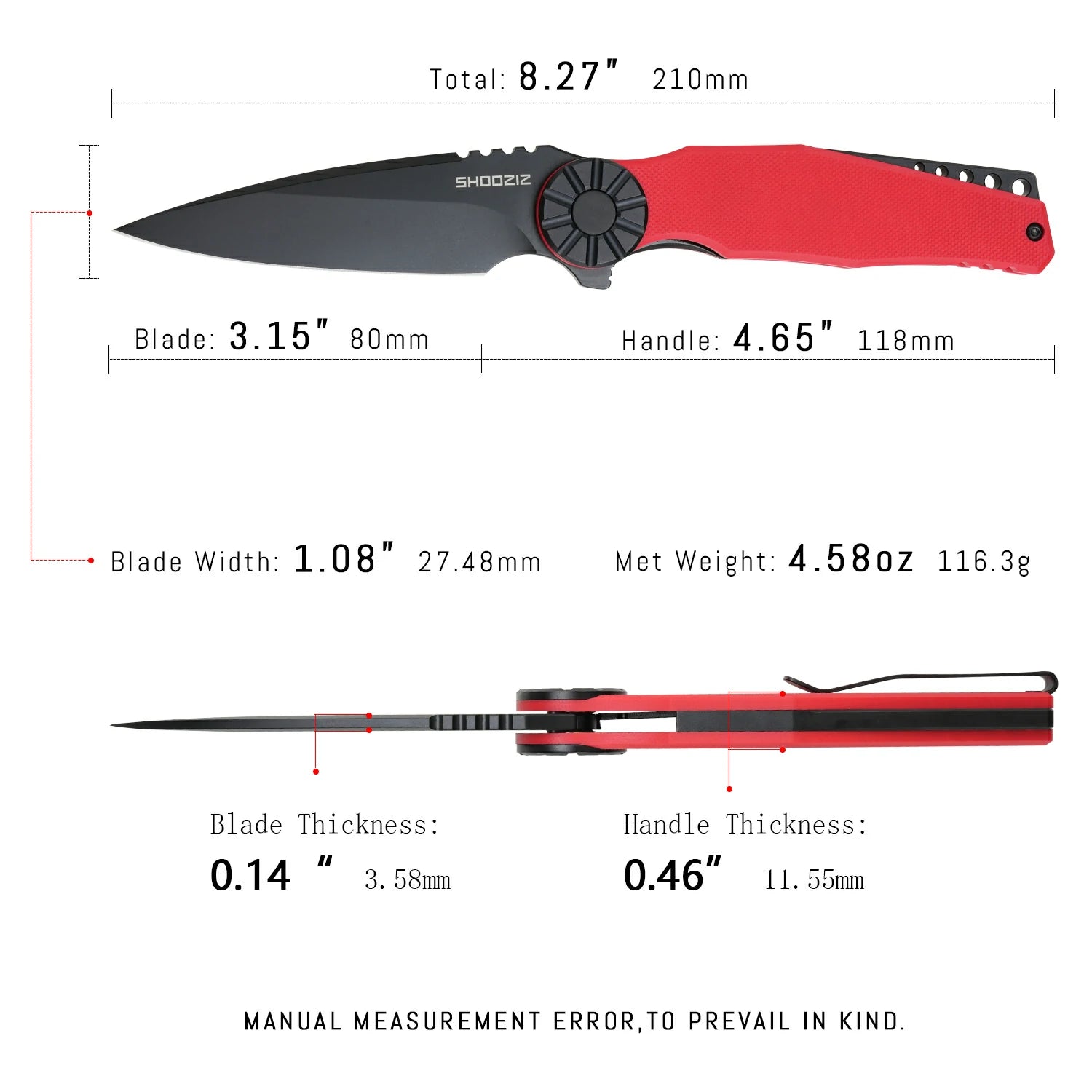 SHOOZIZ KILA-RGB tactical pocket knife, black PVD DC53 blade, red G10 with black bolster, 8.27 inch overall, everyday carry