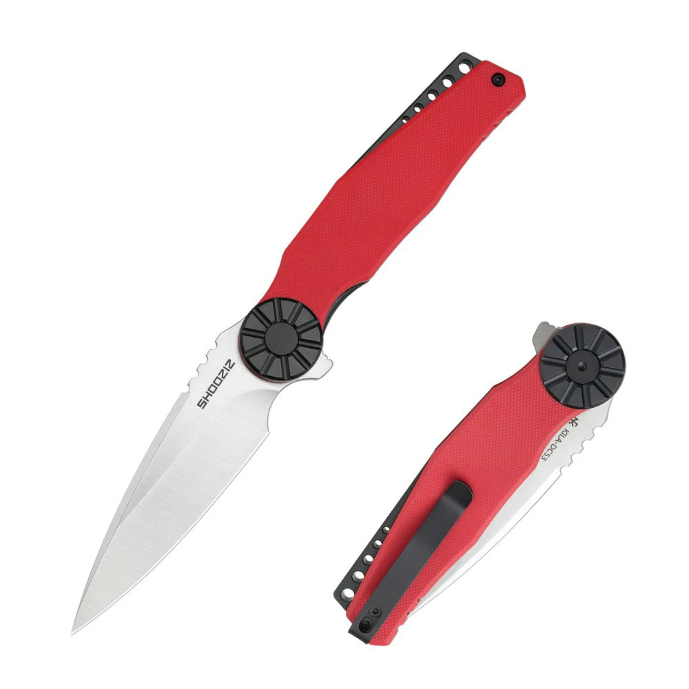 SHOOZIZ KILA-RGBS EDC folding knife, NFK design, DC53 steel blade with satin finish, red G10 handle, black aluminum bolster, liner lock, 3.15 inch blade