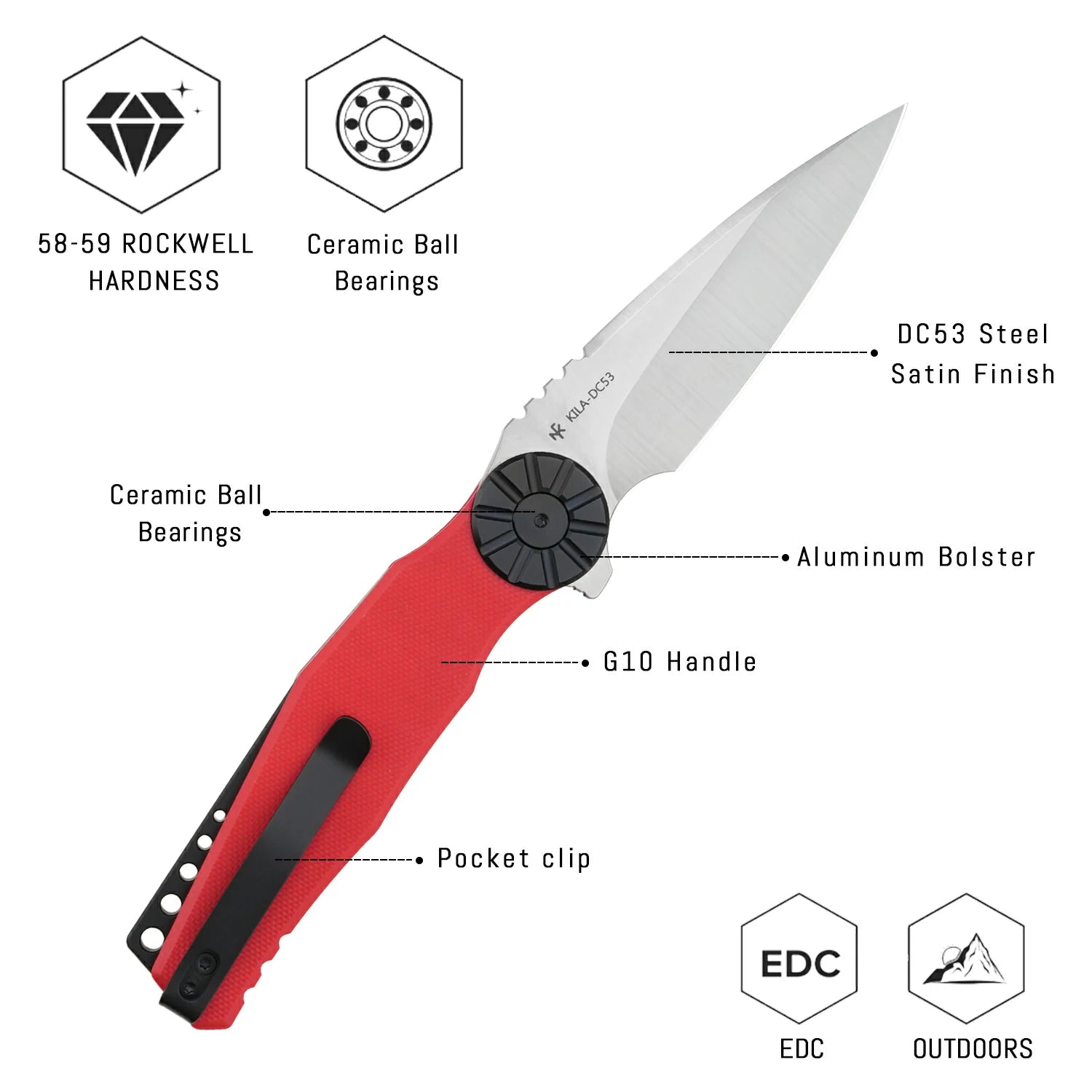 SHOOZIZ KILA-RGBS liner lock folder, DC53 steel satin, red G10, ceramic bearing, 4.65 inch closed