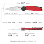 SHOOZIZ KILA-RGBS pocket knife, satin DC53 blade, red G10 with black bolster, 8.27 inch overall, everyday carry