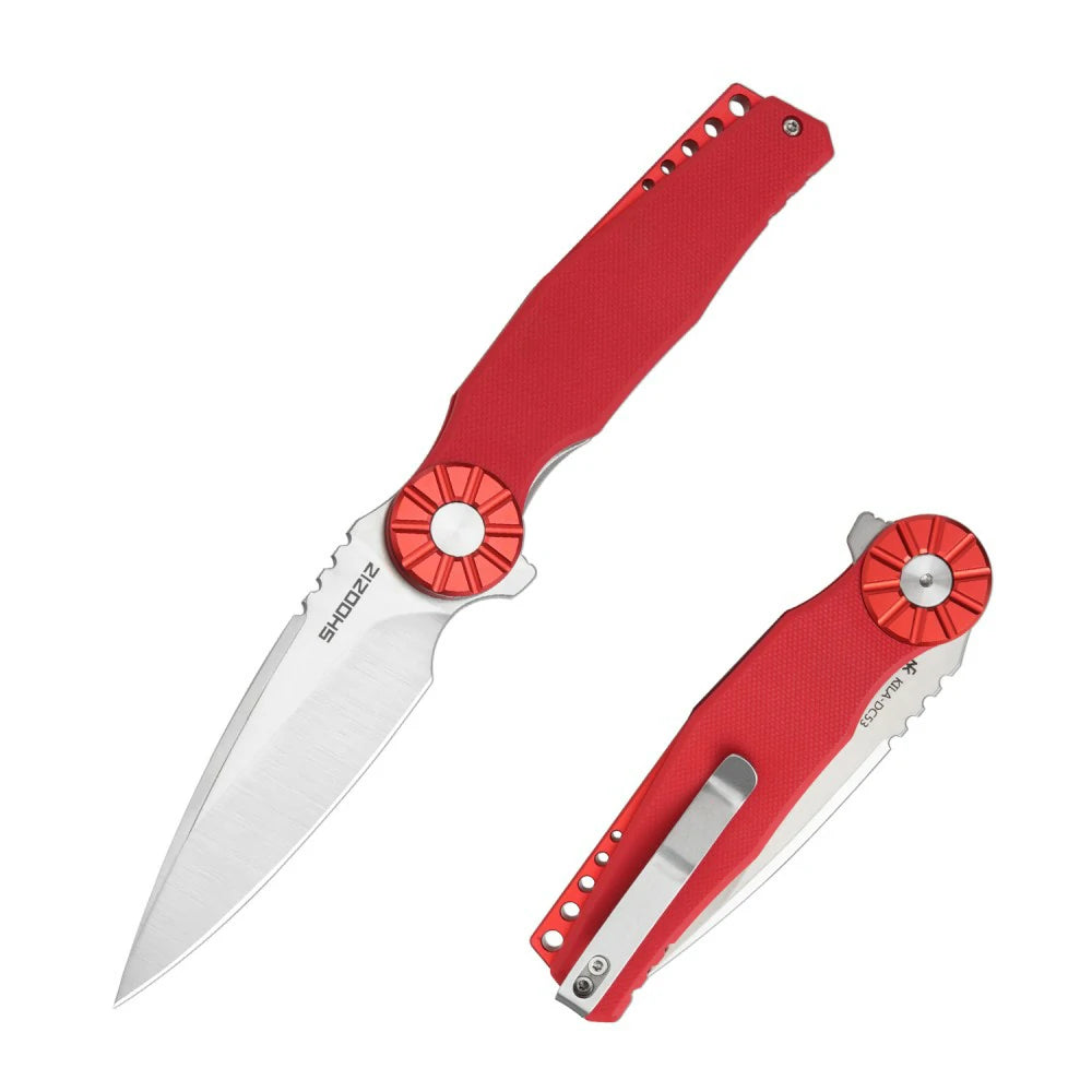 SHOOZIZ KILA-RGS EDC folding knife, NFK design, DC53 steel blade with satin finish, red G10 handle, red aluminum bolster, liner lock, 3.15 inch blade