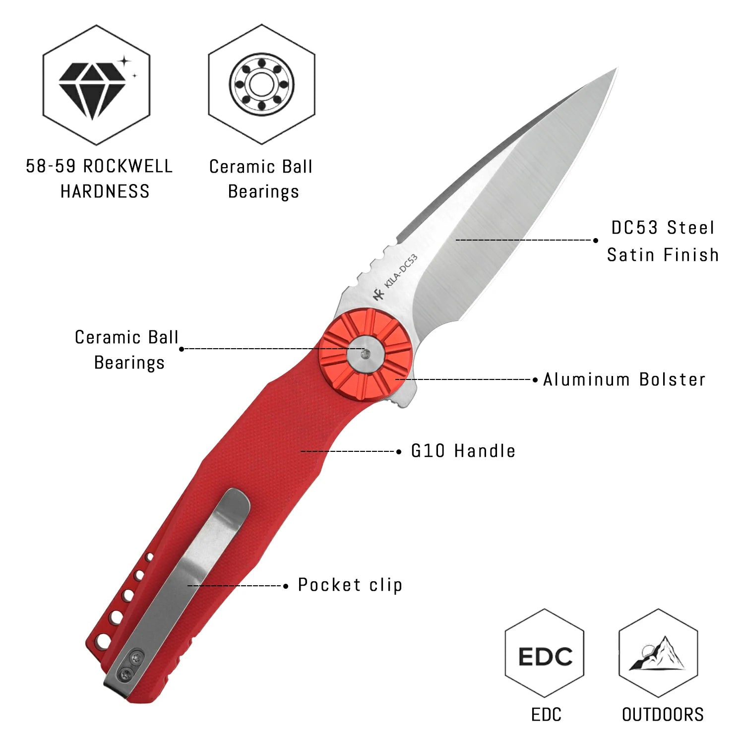 SHOOZIZ KILA-RGS everyday carry knife, red G10 handle, satin DC53 blade, red bolster, pocket clip, 58-59 HRC