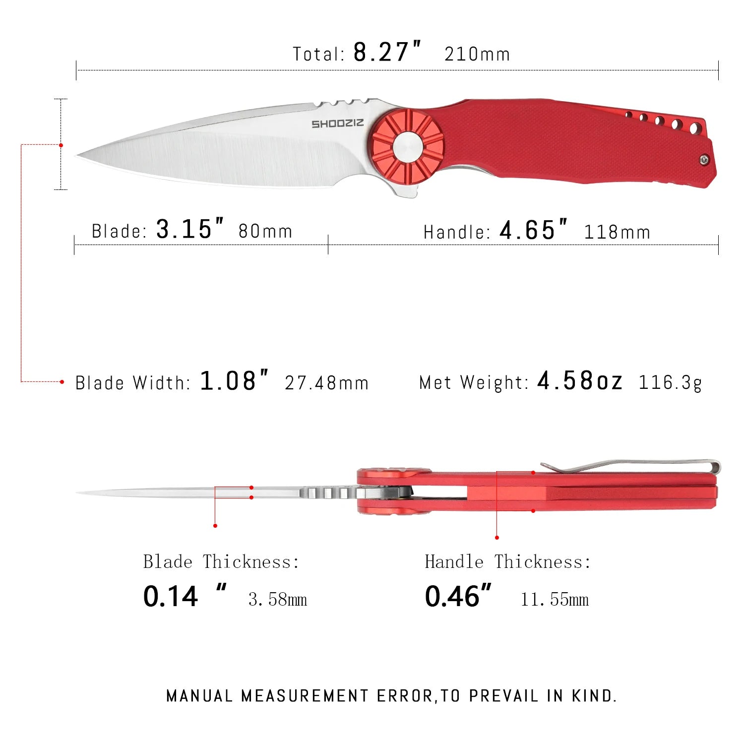SHOOZIZ KILA-RGS liner lock folder, DC53 steel satin, red G10, ceramic bearing, 4.65 inch closed