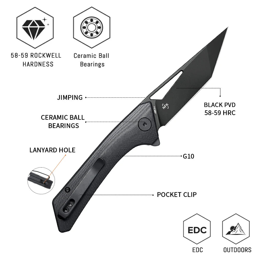 SHOOZIZ OPERATOR-BGB everyday carry knife, black G10 handle, black PVD blade, pocket clip, 58-59 HRC