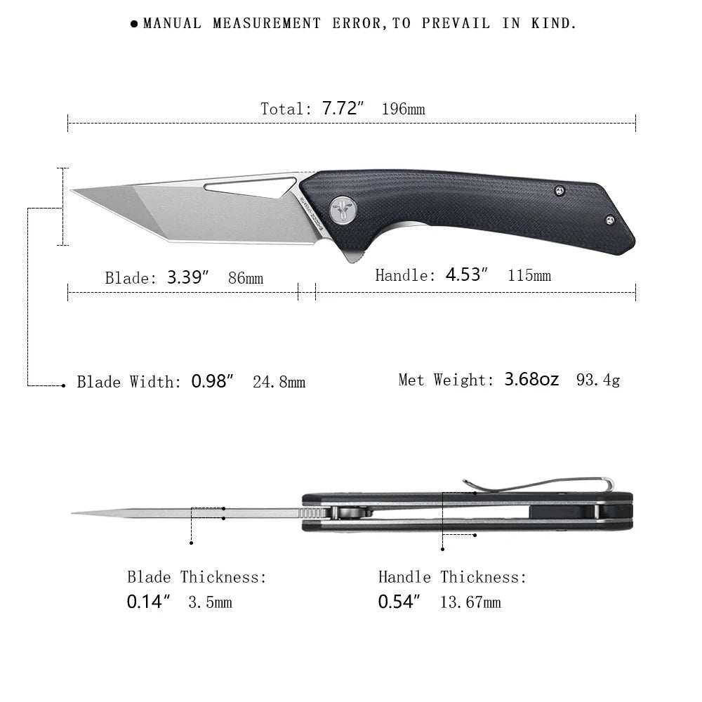 SHOOZIZ OPERATOR-BGb tactical pocket knife, satin 14C28N blade, black G10 scales, 7.72 inch overall, EDC