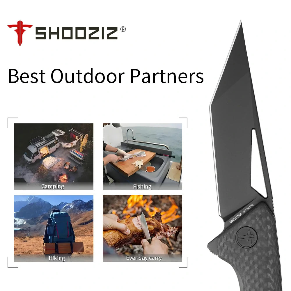 SHOOZIZ OPERATOR-CB compact EDC folder, 14C28N steel, black PVD finish, carbon fiber handle, pocket clip, 3.68 oz total weight