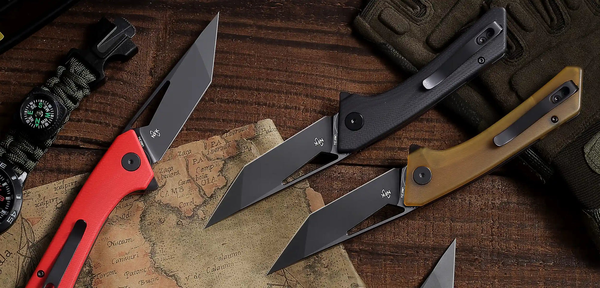 Desktop banner featuring multiple SHOOZIZ OPERATOR folding knives from the NFK collaboration. Shown with carbon fiber, G10, and Ultem handles, 14C28N steel blades with black PVD or satin finishes. Premium EDC tactical knives.