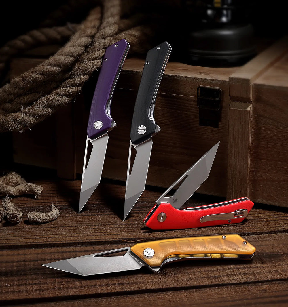 Mobile banner showcasing a collection of SHOOZIZ OPERATOR series knives co-designed with NFK. Diverse handle materials and blade finishes for everyday carry and tactical use.