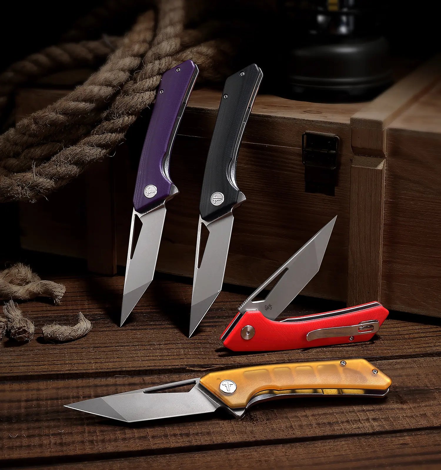 Mobile banner showcasing a collection of SHOOZIZ OPERATOR series knives co-designed with NFK. Diverse handle materials and blade finishes for everyday carry and tactical use.
