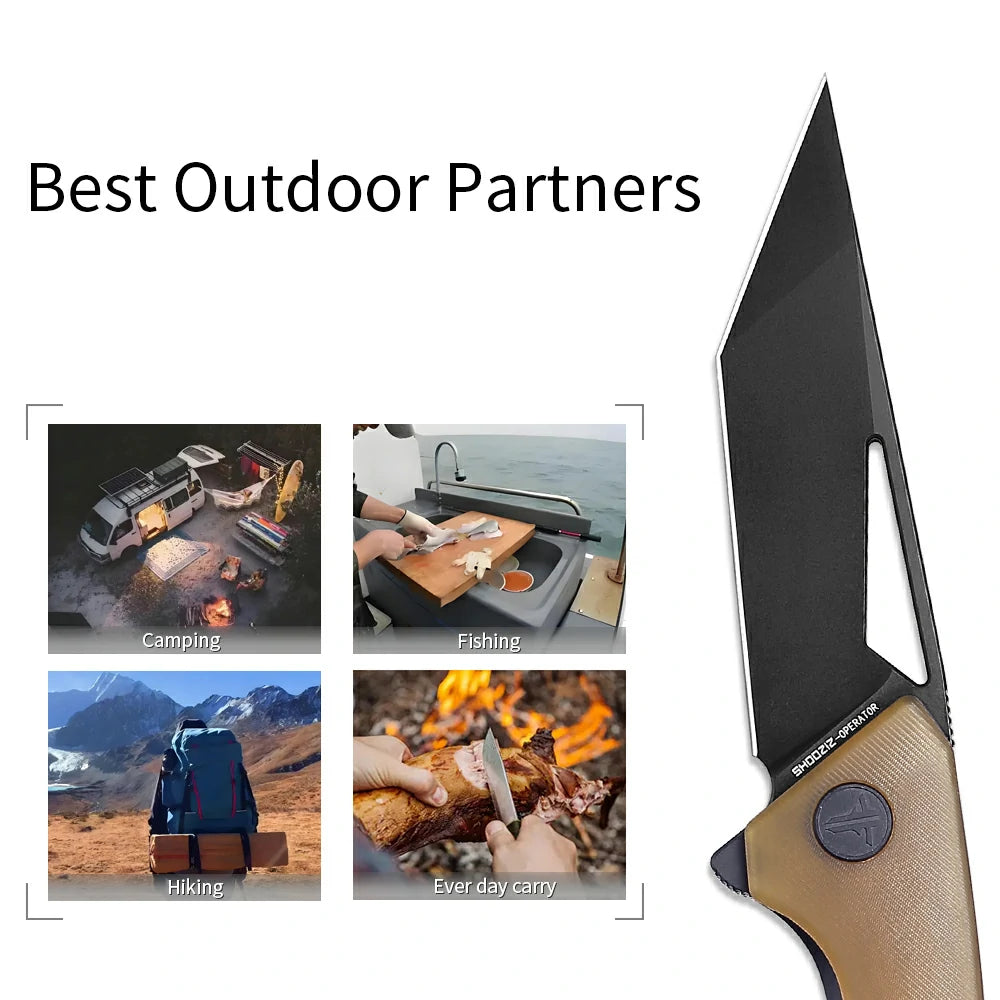 SHOOZIZ OPERATOR-JUB everyday carry knife, translucent Ultem handle, black PVD blade, pocket clip, 58-59 HRC