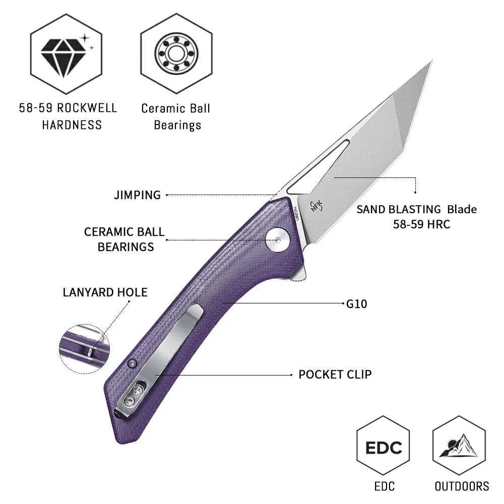 SHOOZIZ OPERATOR-PGb 14C28N steel blade folding knife, satin, purple G10, NFK design, 3.68 oz
