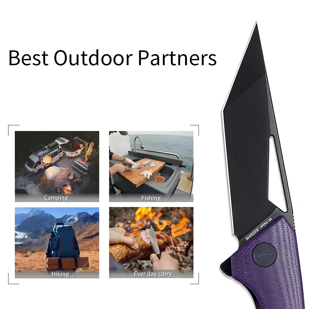 SHOOZIZ OPERATOR-PGB everyday carry knife, purple G10 handle, black PVD blade, pocket clip, 58-59 HRC