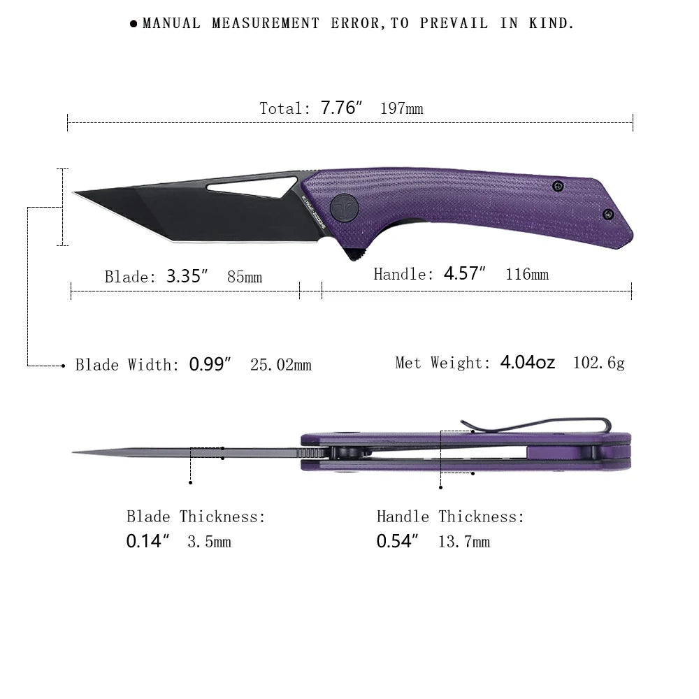 SHOOZIZ OPERATOR-PGB tactical pocket knife, black PVD 14C28N blade, purple G10 scales, 7.76 inch overall