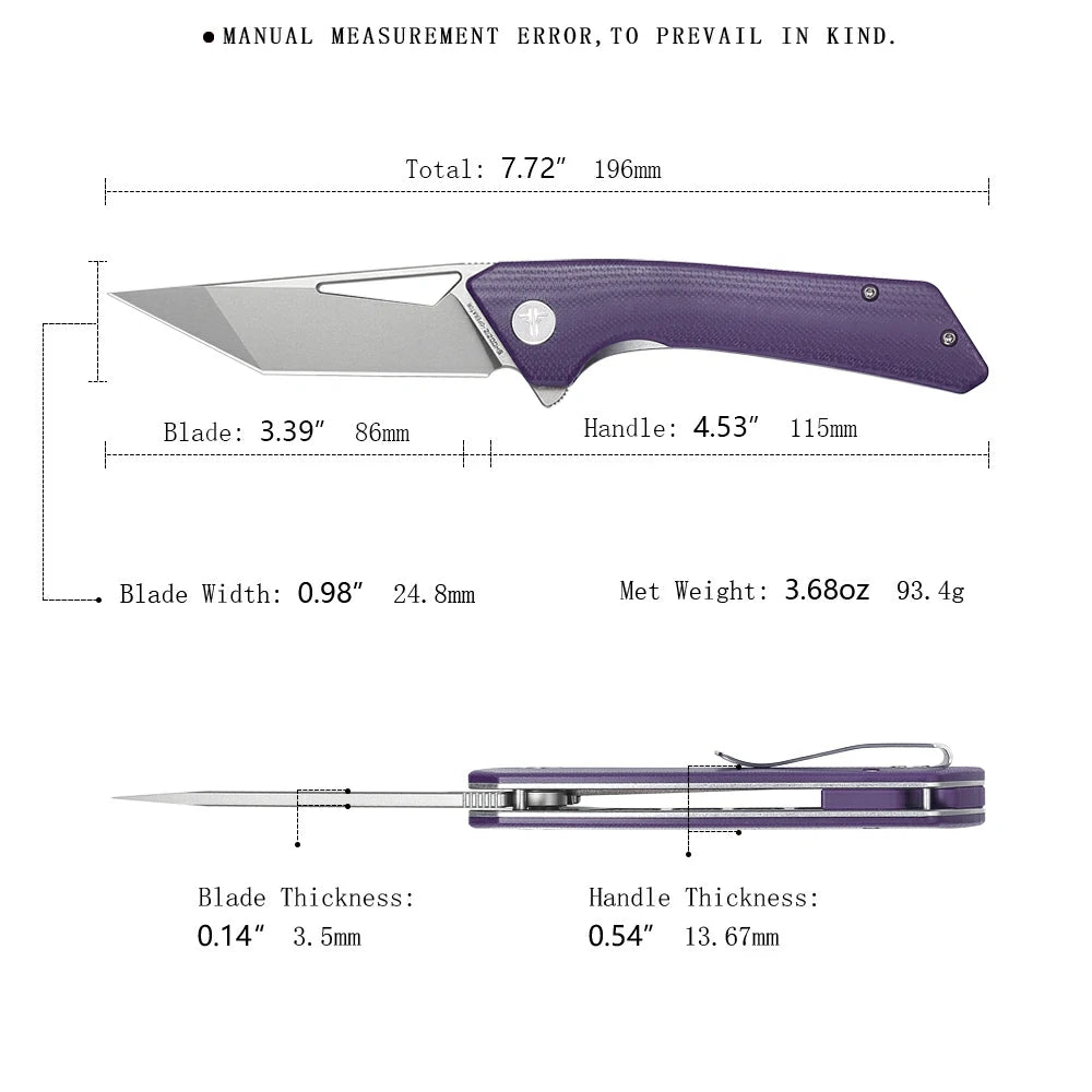 SHOOZIZ OPERATOR-PGb pocket knife, satin 14C28N blade, purple G10 handle, 7.72 inch overall, EDC