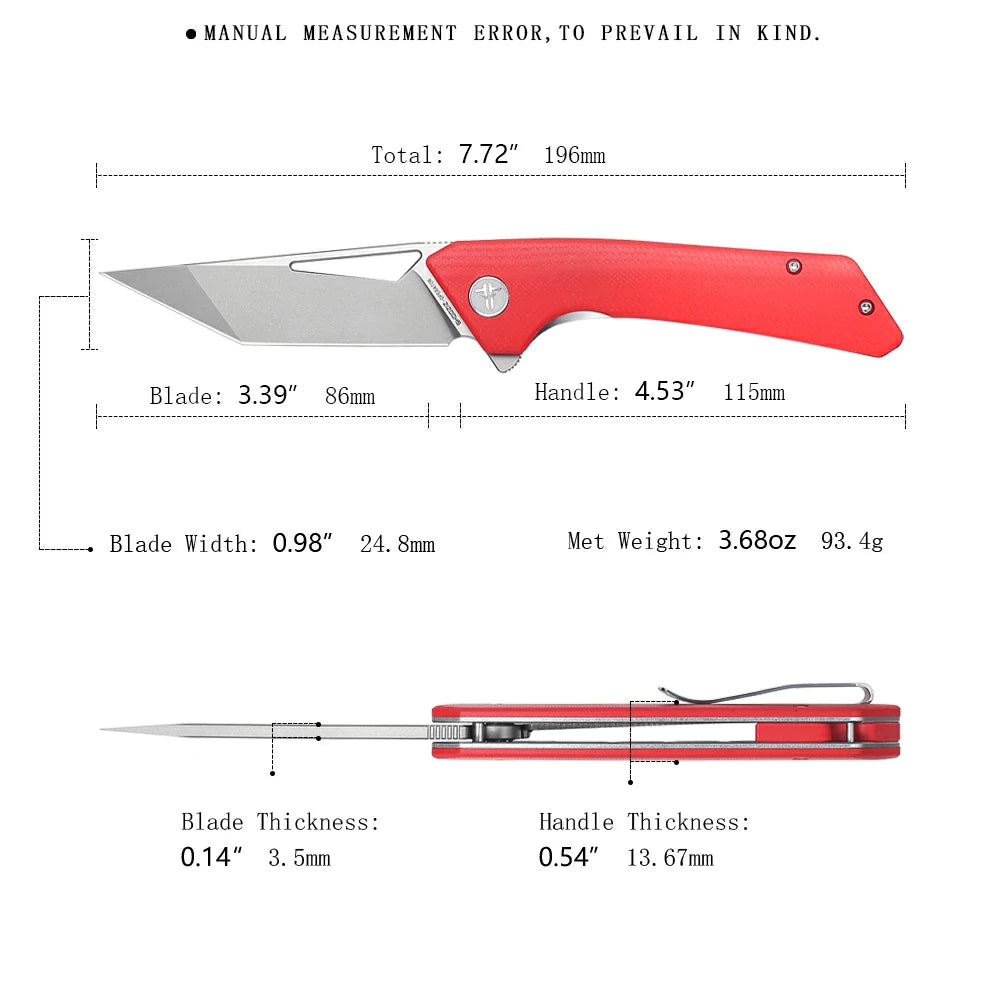 SHOOZIZ OPERATOR-RGb red G10 handle folding knife, 14C28N satin blade, liner lock, everyday carry, 3.39 inch cutting edge