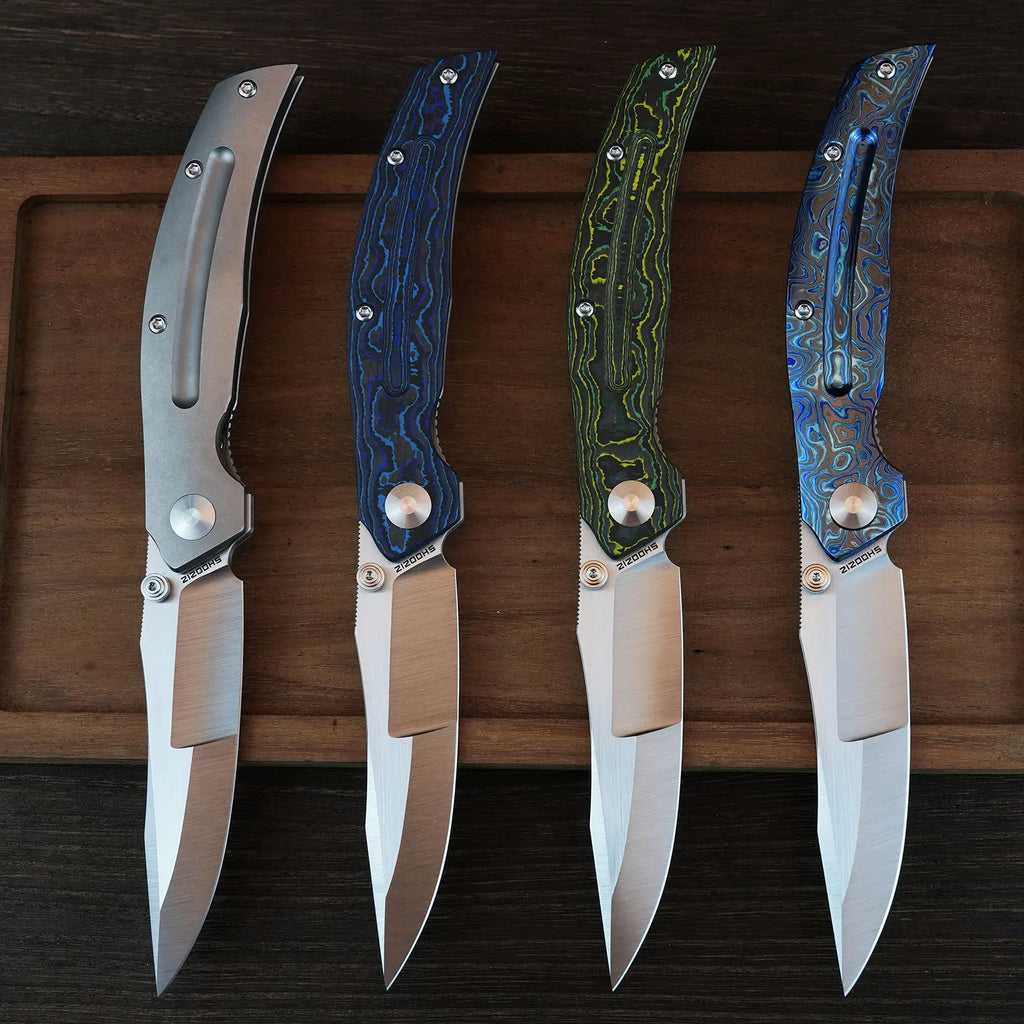 SHOOZIZ SERPENT series lineup on wooden board, featuring TC4 titanium, blue carbon fiber, yellow carbon fiber, and zirconium Damascus handles with ELMAX steel blades.