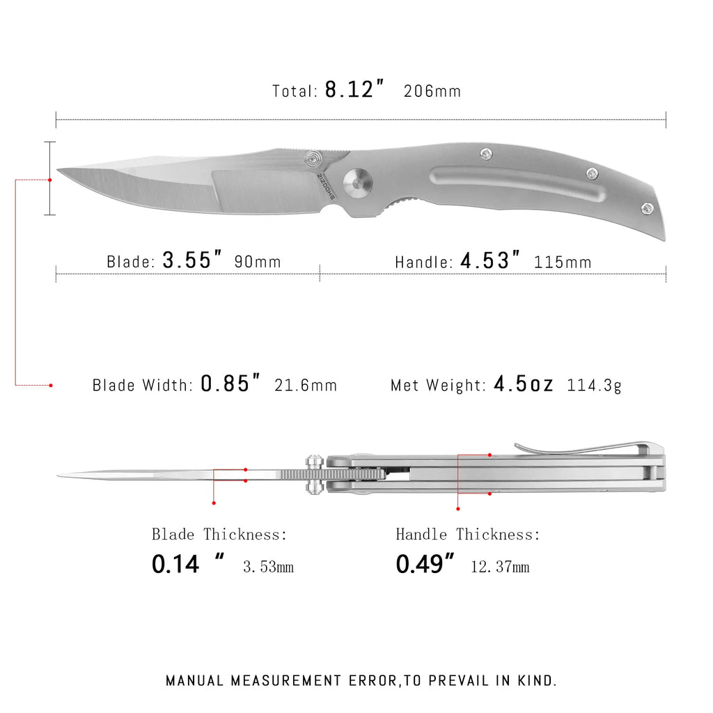 SHOOZIZ SERPENT-TiAH EDC knife dimensions, 206mm total length, 90mm blade, 115mm handle, 114.3g weight.