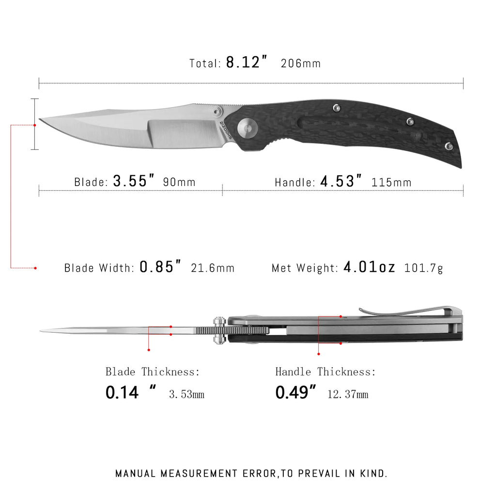 SHOOZIZ SERPENT-TiBCSH EDC knife dimensions, 206mm total length, 90mm blade, 115mm handle, 101.7g weight.