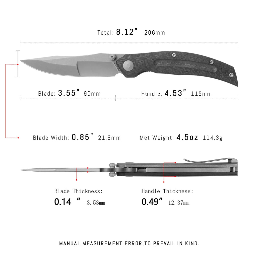 SHOOZIZ SERPENT-TiBCST EDC knife dimensions, 206mm total length, 90mm blade, 115mm handle, 114.3g weight.
