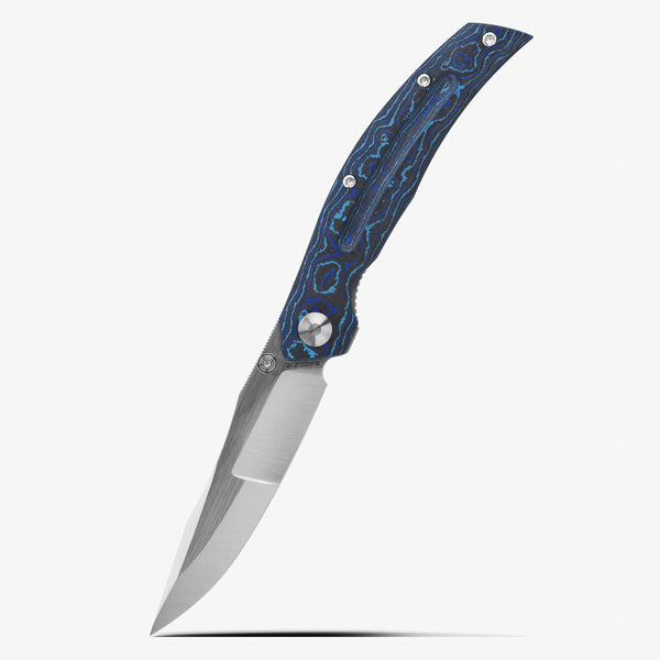 SHOOZIZ SERPENT-TiLCAH EDC knife, vertical satin ELMAX steel blade, blue carbon fiber and TC4 titanium handle.