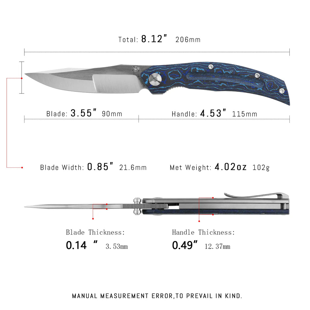 SHOOZIZ SERPENT-TiLCAH EDC knife dimensions, 206mm total length, 90mm blade, 115mm handle, 102g weight.