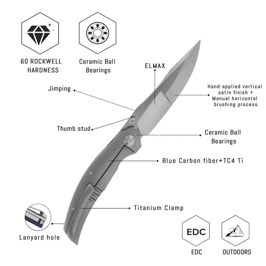 SHOOZIZ SERPENT-TiLCAH design features, ELMAX steel vertical satin blade, blue carbon fiber and TC4 titanium handle, TC4 titanium clip, 60 HRC.