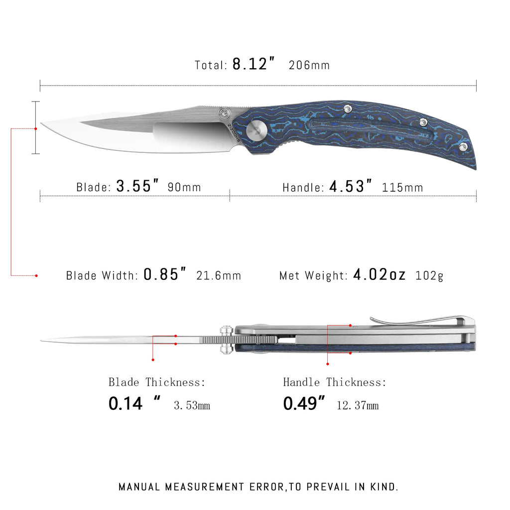 SHOOZIZ SERPENT-TiLCPH EDC knife dimensions, 206mm total length, 90mm blade, 115mm handle, 102g weight.
