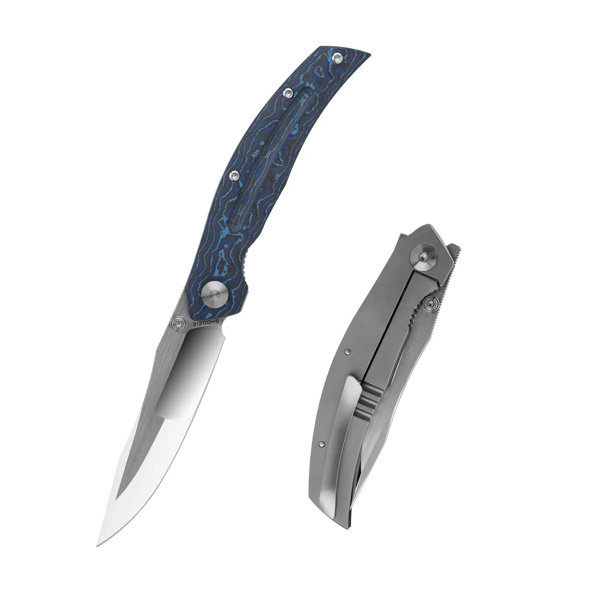 SHOOZIZ SERPENT-TiLCPH folding knife, ELMAX steel mirror-polished blade, blue carbon fiber and TC4 titanium handle, frame lock.