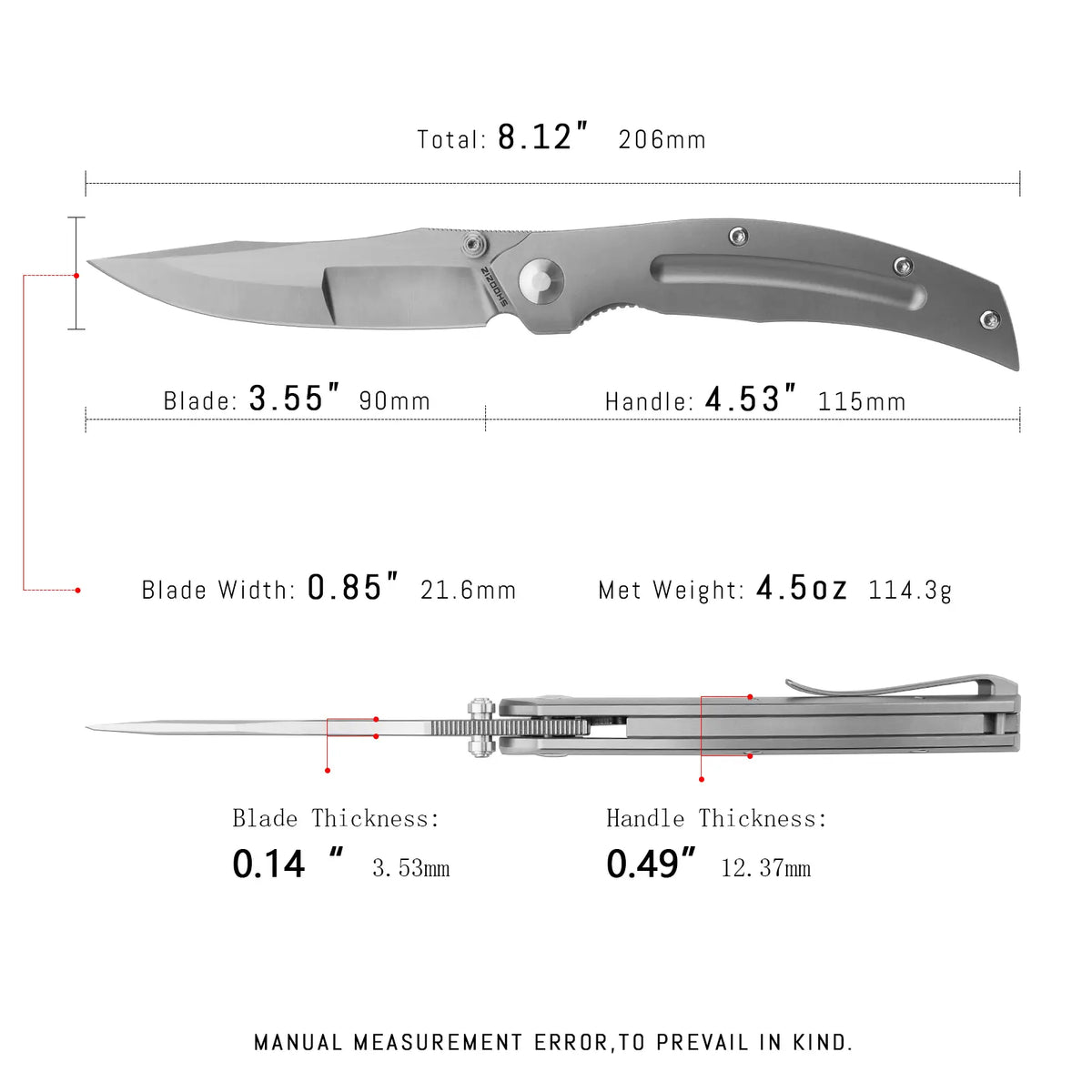 SHOOZIZ SERPENT-TiSH EDC knife dimensions, 206mm total length, 90mm blade, 115mm handle, 114.3g weight.