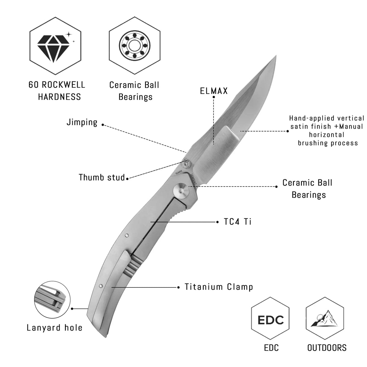 SHOOZIZ SERPENT-TiSH design features, ELMAX steel satin blade, ceramic ball bearings, TC4 titanium handle and clip, 60 HRC.