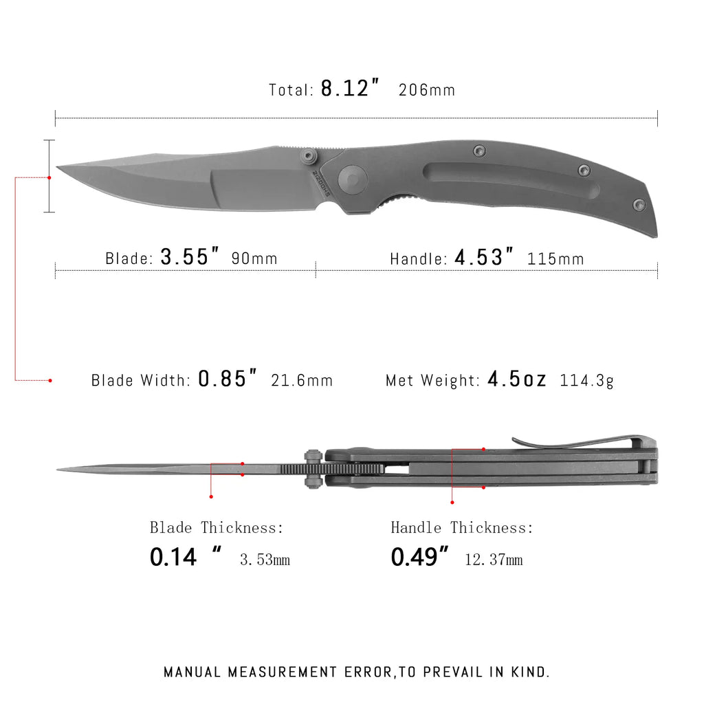SHOOZIZ SERPENT-TiST EDC knife dimensions, 206mm total length, 90mm blade, 115mm handle, 114.3g weight.