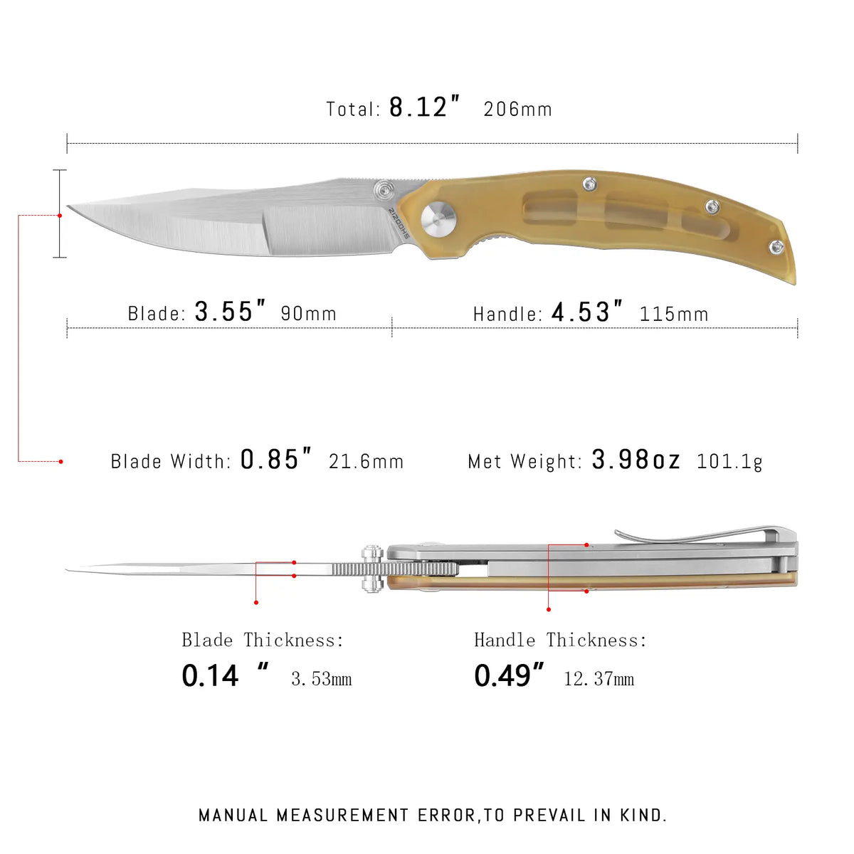 SHOOZIZ SERPENT-TiUSH EDC knife dimensions, 206mm total length, 90mm blade, 115mm handle, 101.1g weight.