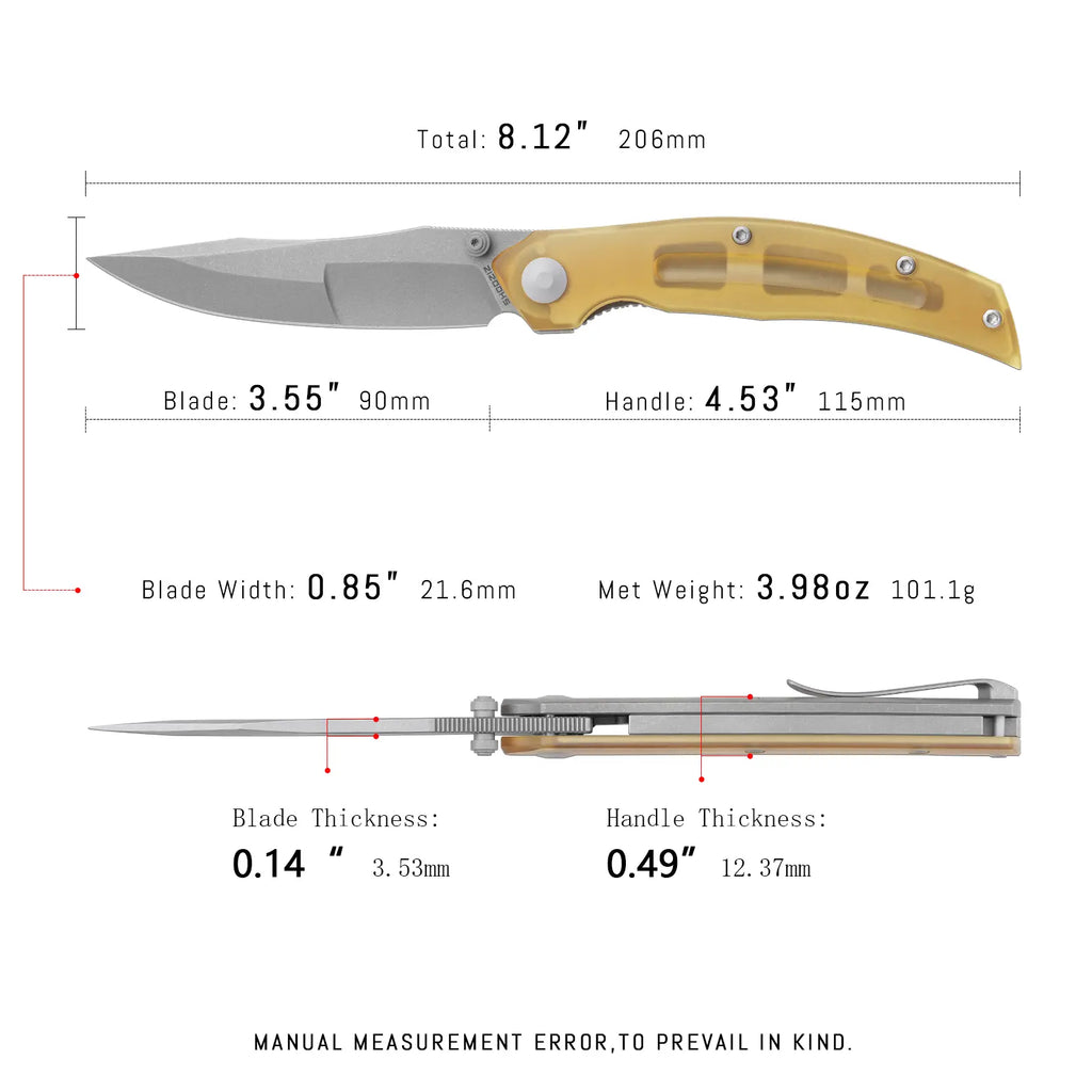 SHOOZIZ SERPENT-TiUST EDC knife dimensions, 206mm total length, 90mm blade, 115mm handle, 101.1g weight.