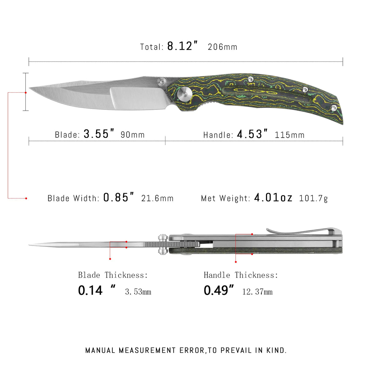 SHOOZIZ SERPENT-TiYCAH EDC knife dimensions, 206mm total length, 90mm blade, 115mm handle, 101.7g weight.