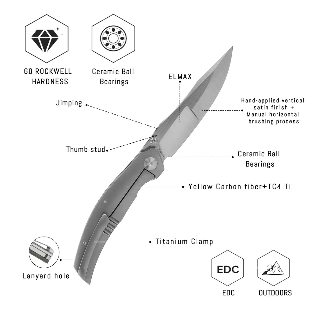 SHOOZIZ SERPENT-TiYCAH design features, ELMAX steel vertical satin blade, yellow carbon fiber and TC4 titanium handle, TC4 titanium clip, 60 HRC.